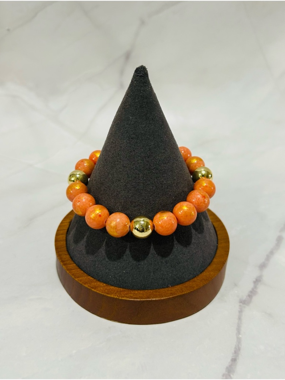 Orange 14K gold plated jade Beaded Stretch Bracelet with 14k Gold filled Accent
